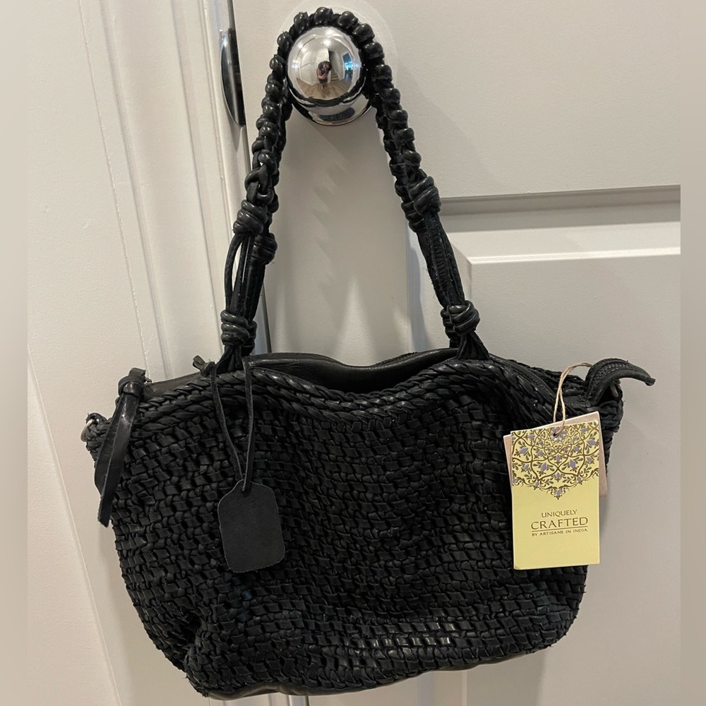 Uniquely Crafted Made in India Knotted Woven Black Leather Satchel NWT